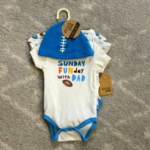 NWT - Chick Pea Football Onesies and Matching Hat 4pc Set